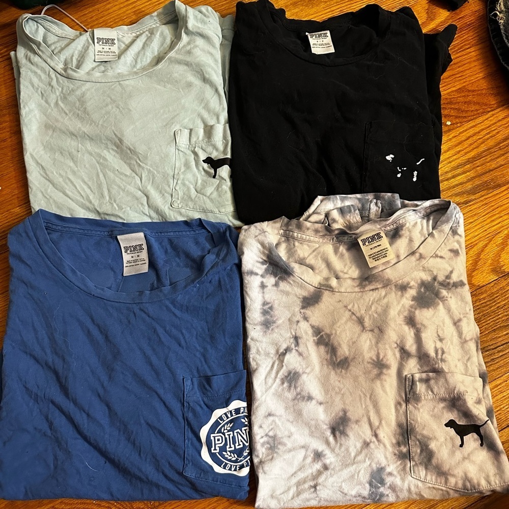 LOT of 4 BUNDLE PINK Victoria Secret Pocket Tee logo shirts medium